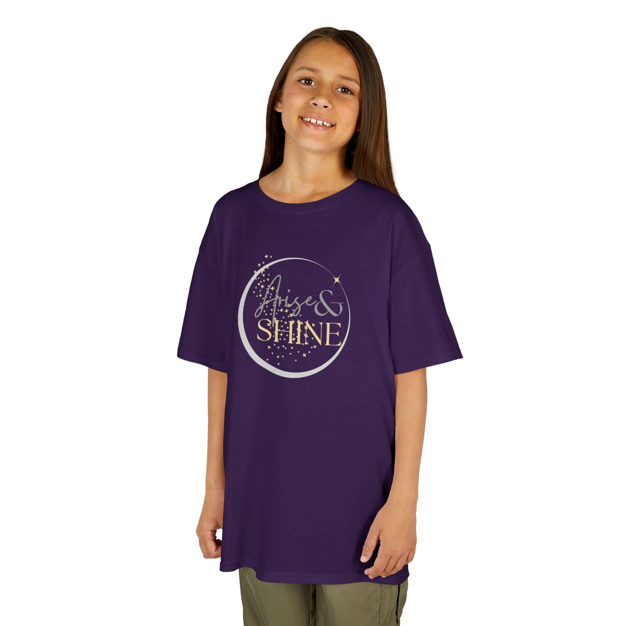 Girl wearing purple Scripture design junior shirt with praise and shine text and star graphics
