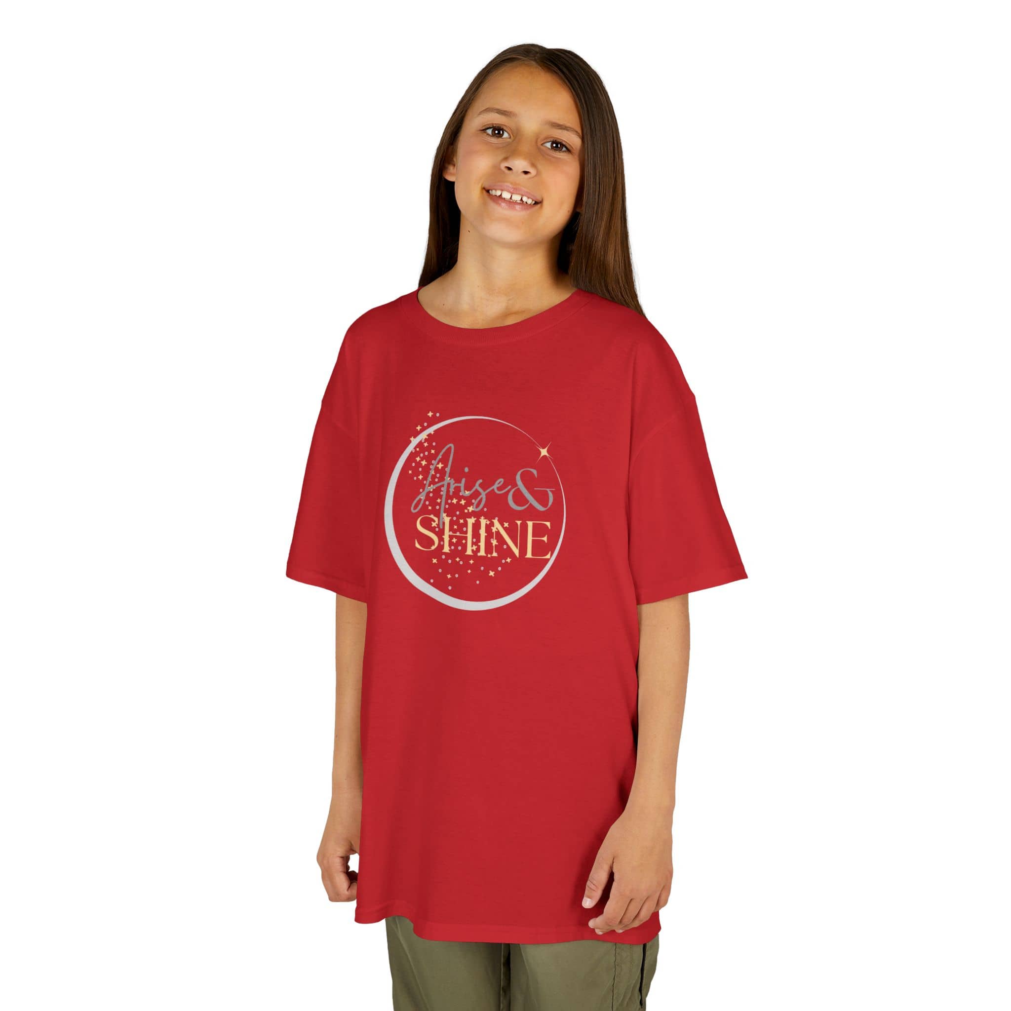Kids wearing red Scripture design junior shirt with rise and shine text from Logos Co.