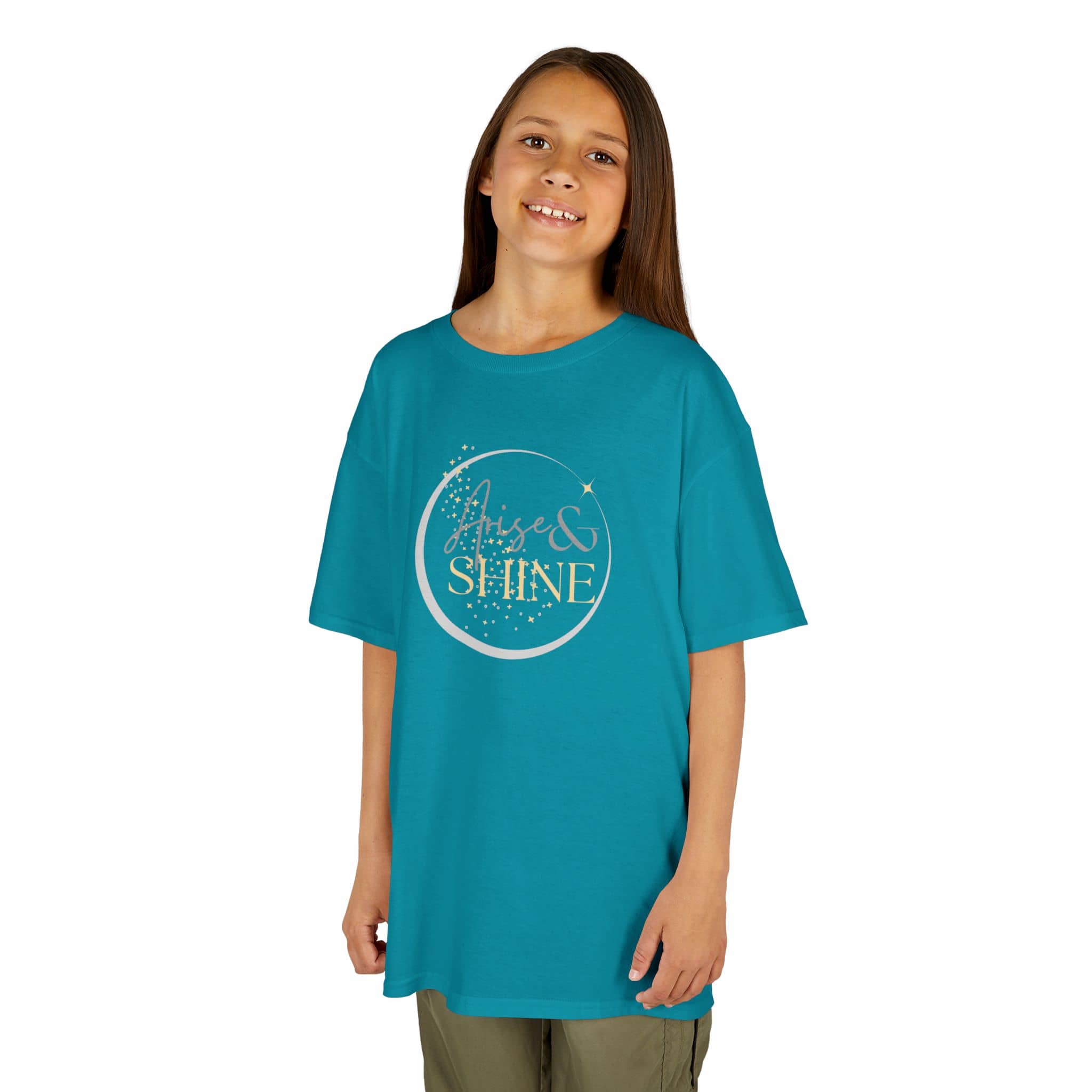 Kids turquoise Scripture design junior shirt with gold Rise and Shine print on front