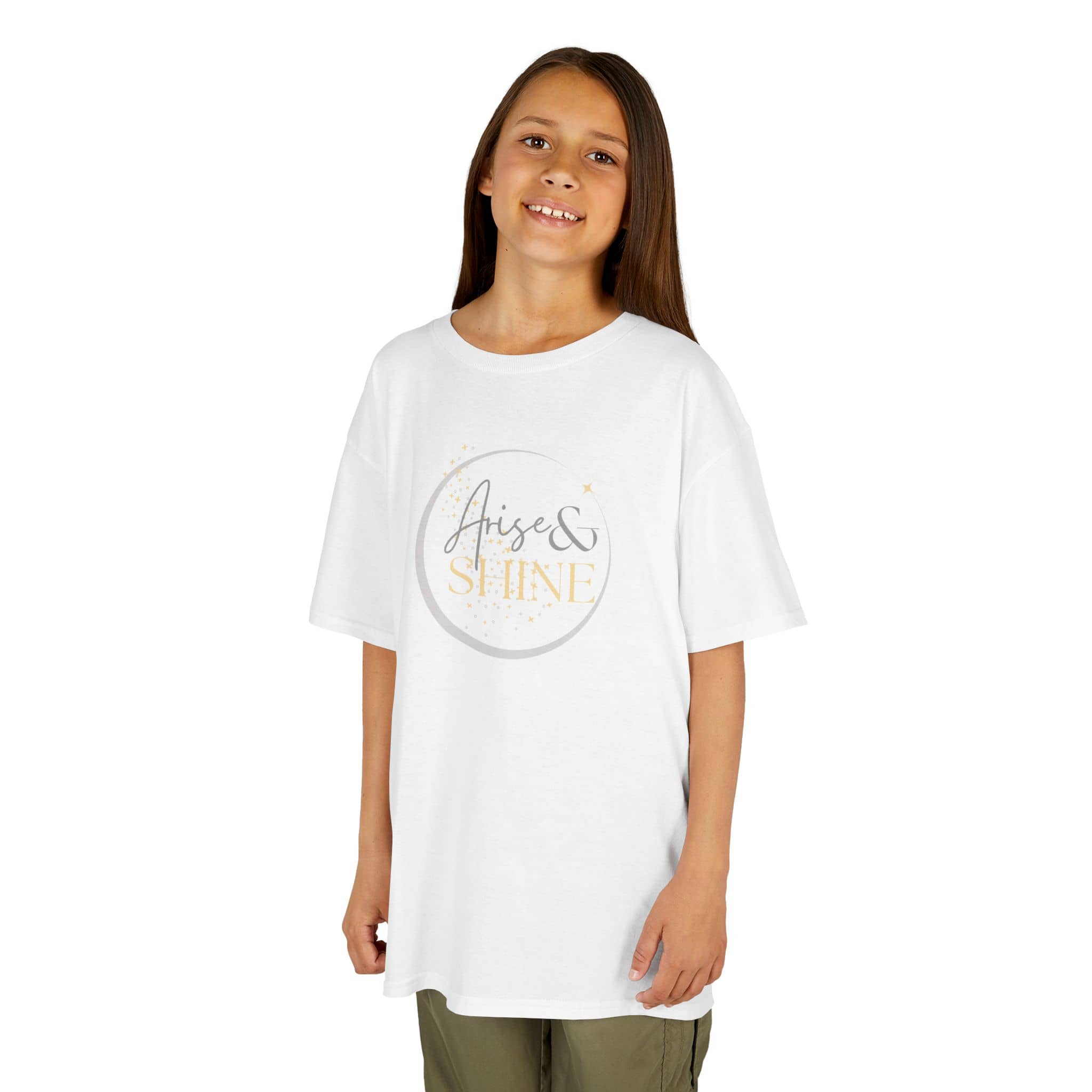 Girl wearing white Scripture design junior shirt with Arise and Shine text print by Logos Co.