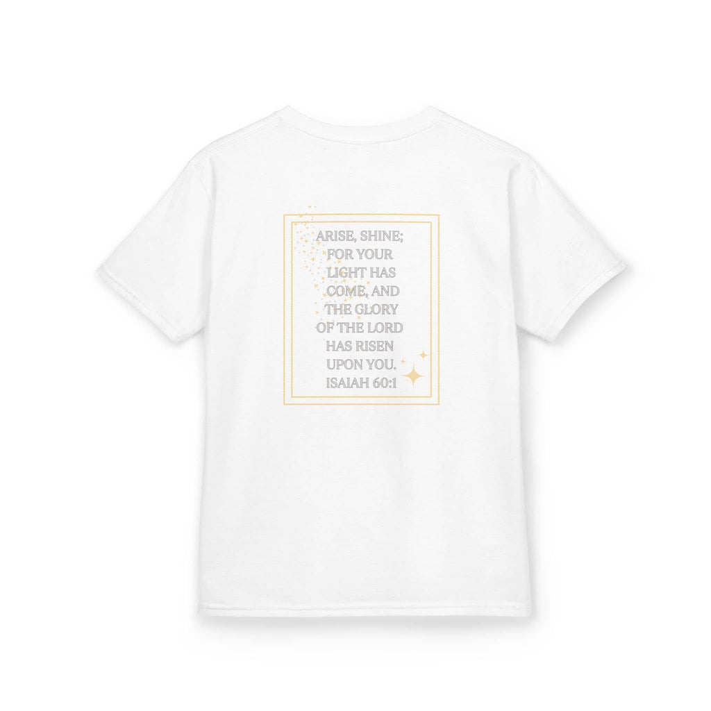 White kids shirt from Logos Co. featuring a scripture design junior shirt with Isaiah 60:1 verse