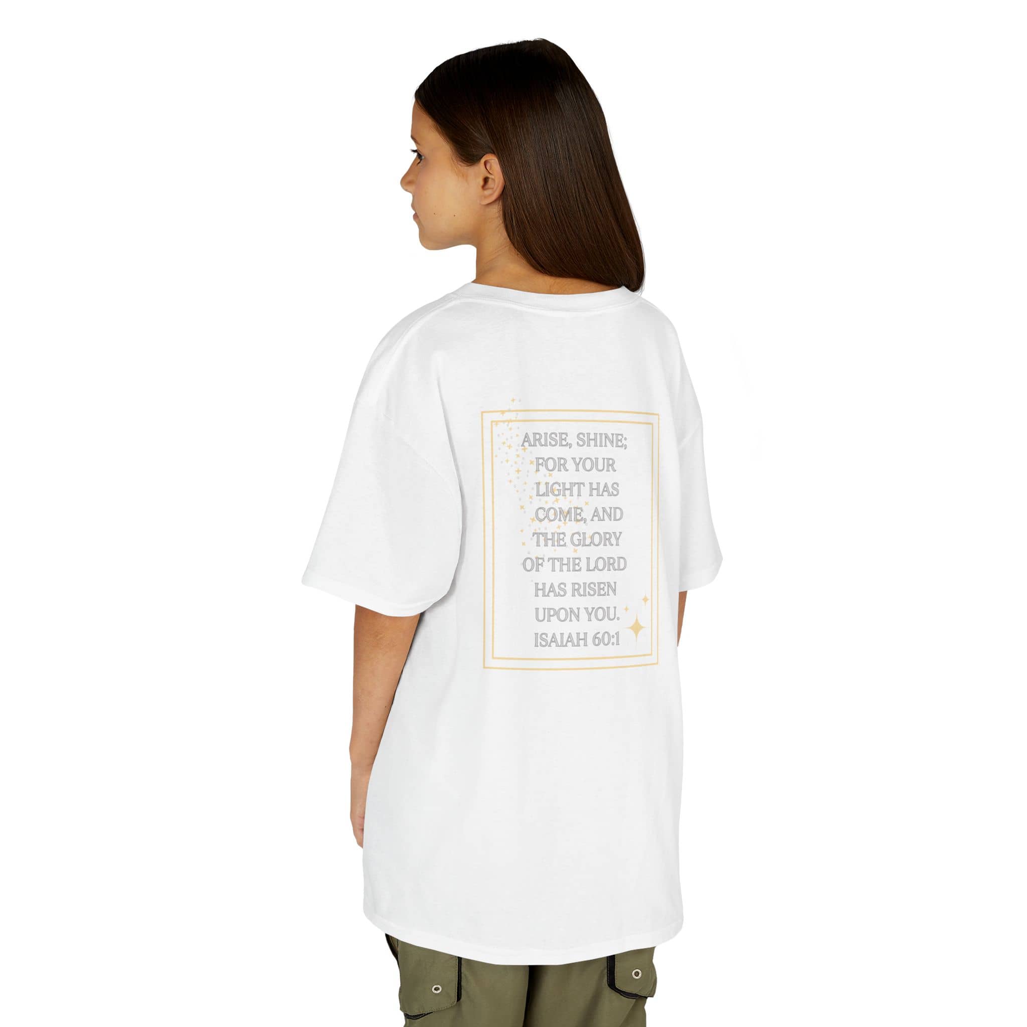 Child wearing white Scripture design junior shirt with Isaiah 60 1 Bible verse printed on back