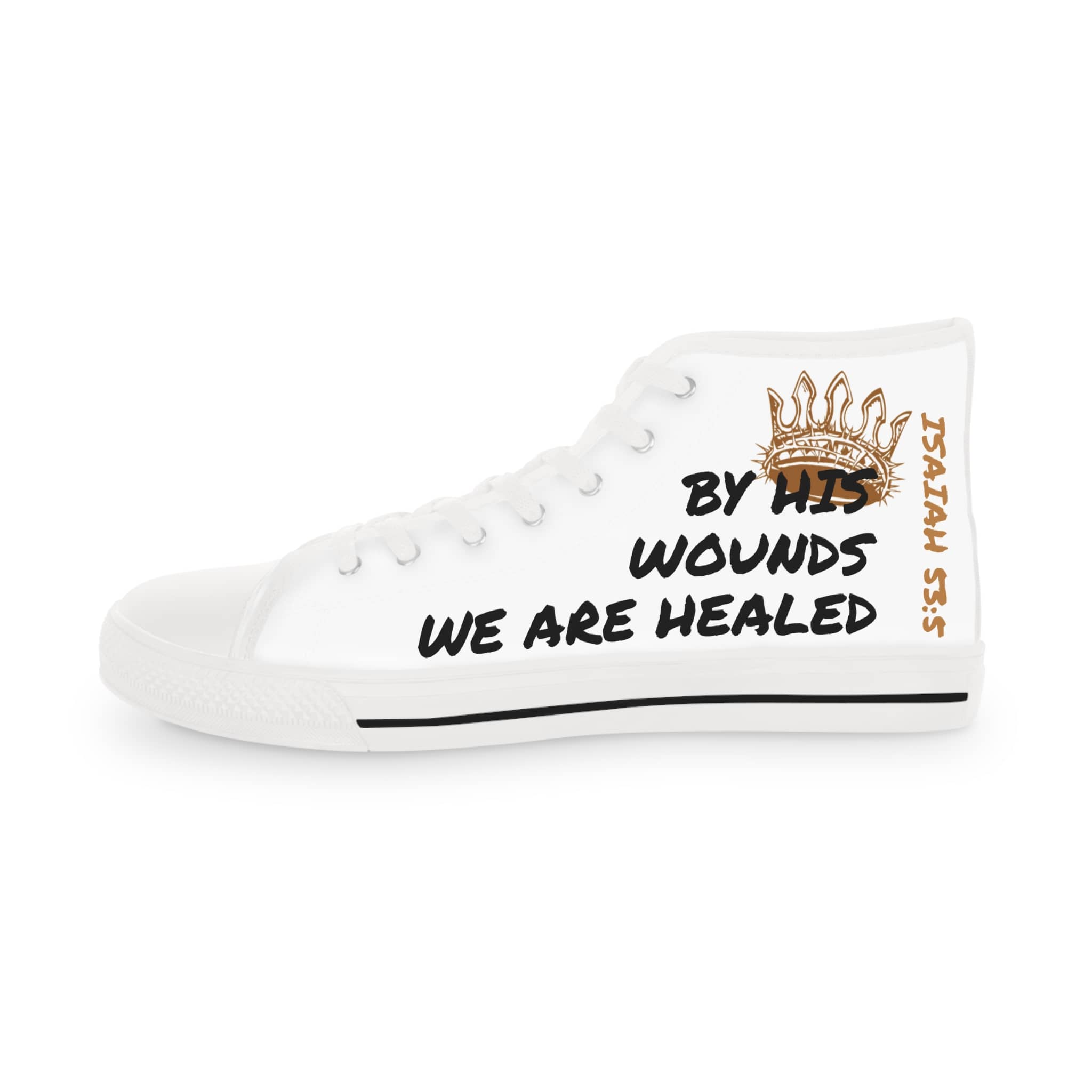 White scripture design sneakers featuring 'By His Wounds We Are Healed' in stylish print