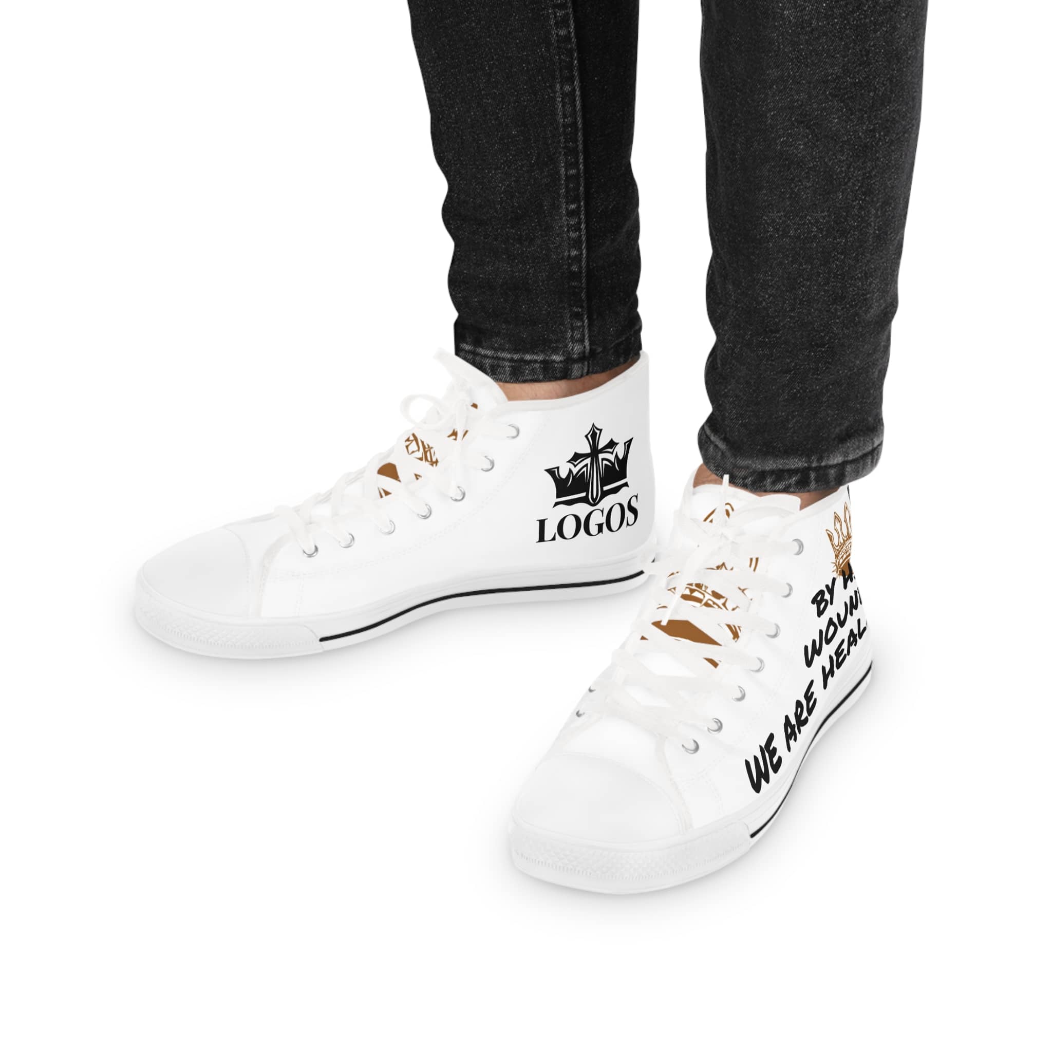White sneakers featuring a scripture design sneakers print and logo for stylish, faith-inspired footwear
