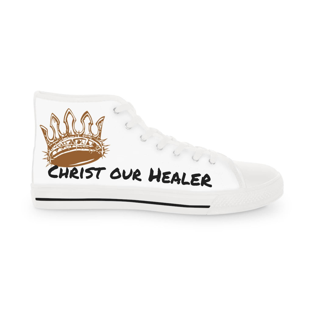 White high-top sneakers featuring a Scripture design with the text Christ our Healer