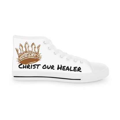 White high-top sneakers featuring a Scripture design with the text Christ our Healer