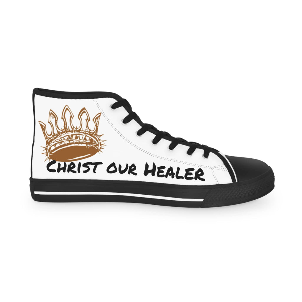 White high-top sneakers with scripture design sneakers featuring the text Christ Our Healer
