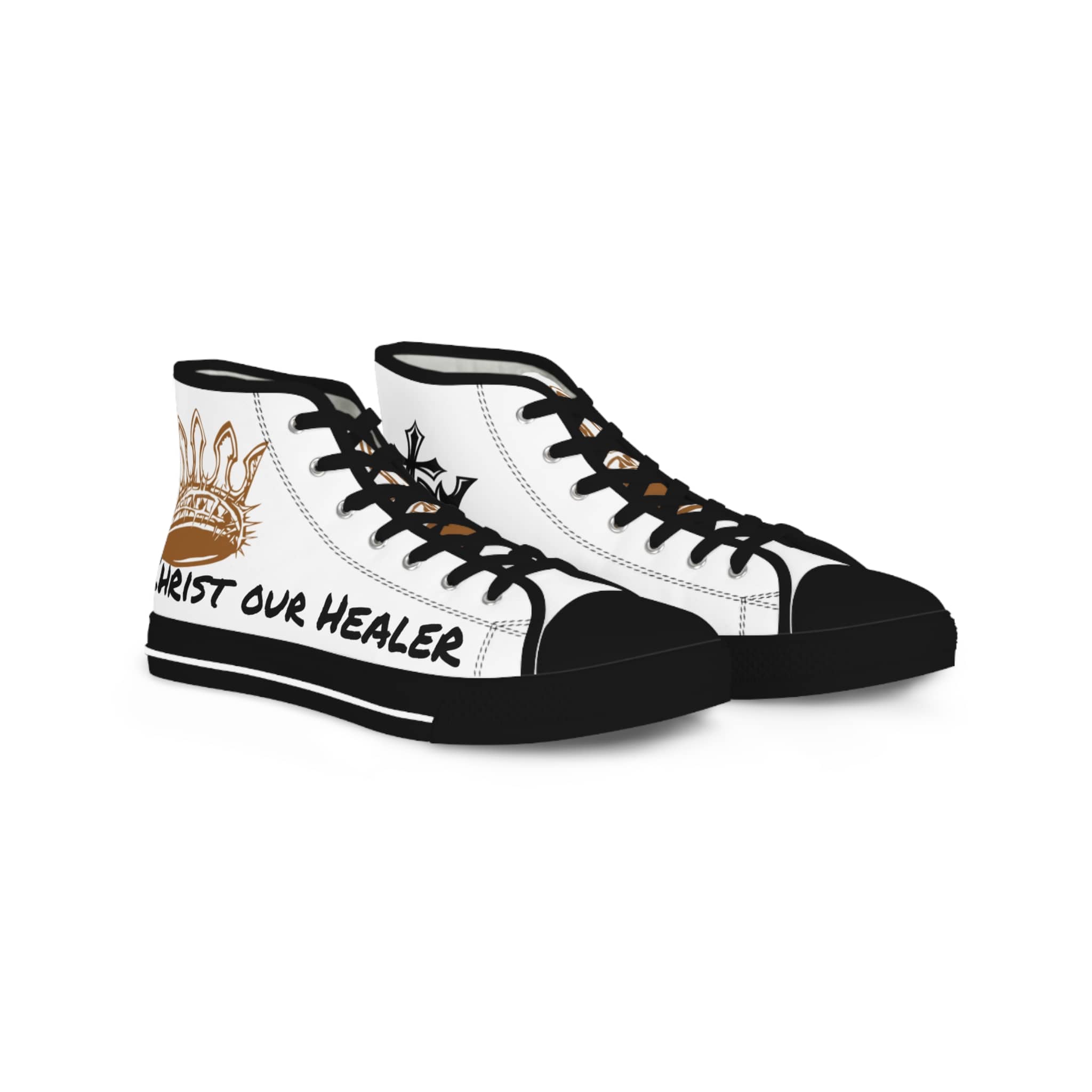 White Scripture design sneakers with black accents and inspirational text for stylish comfort