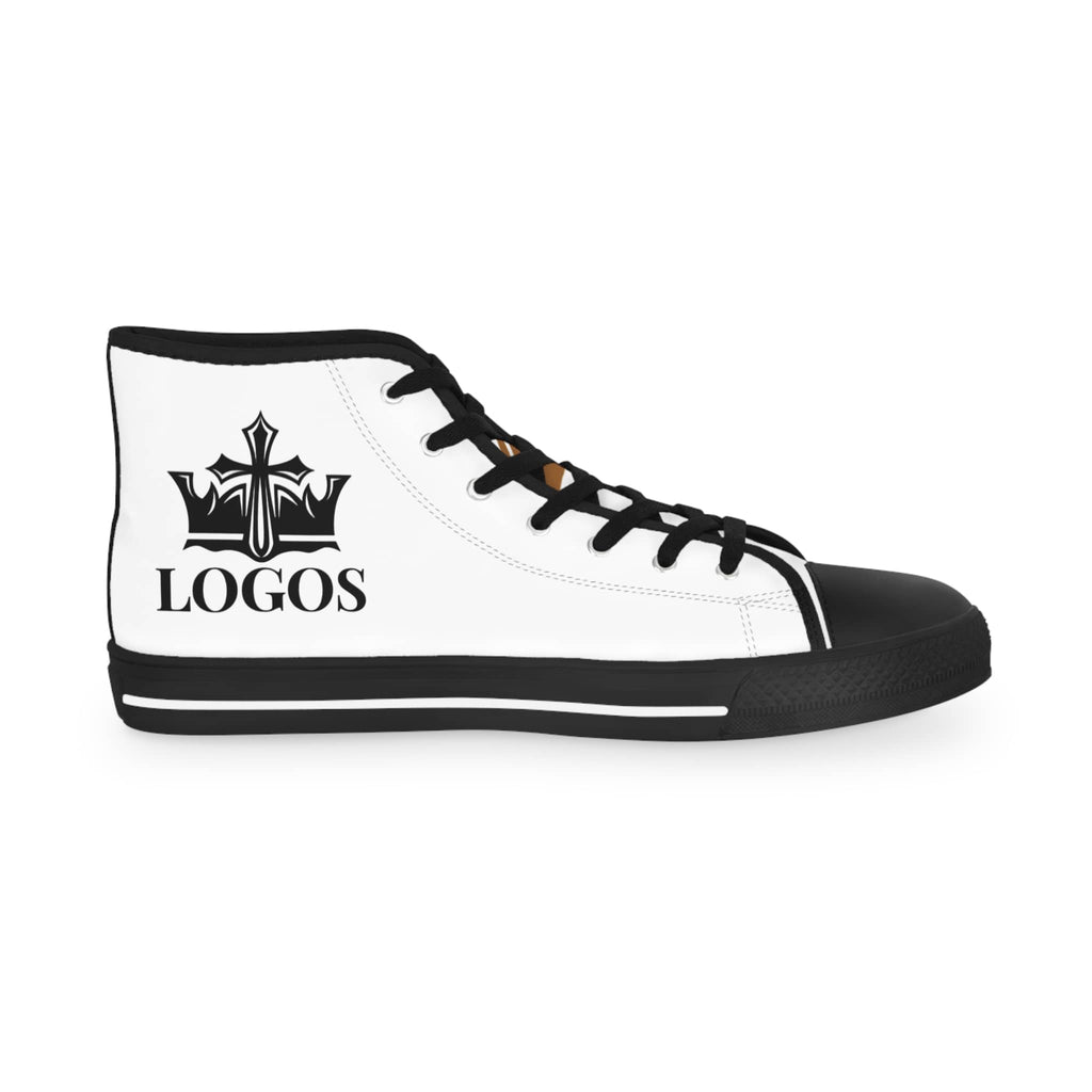 Stylish Scripture design sneakers with a black crown logo on a white high-top canvas shoe