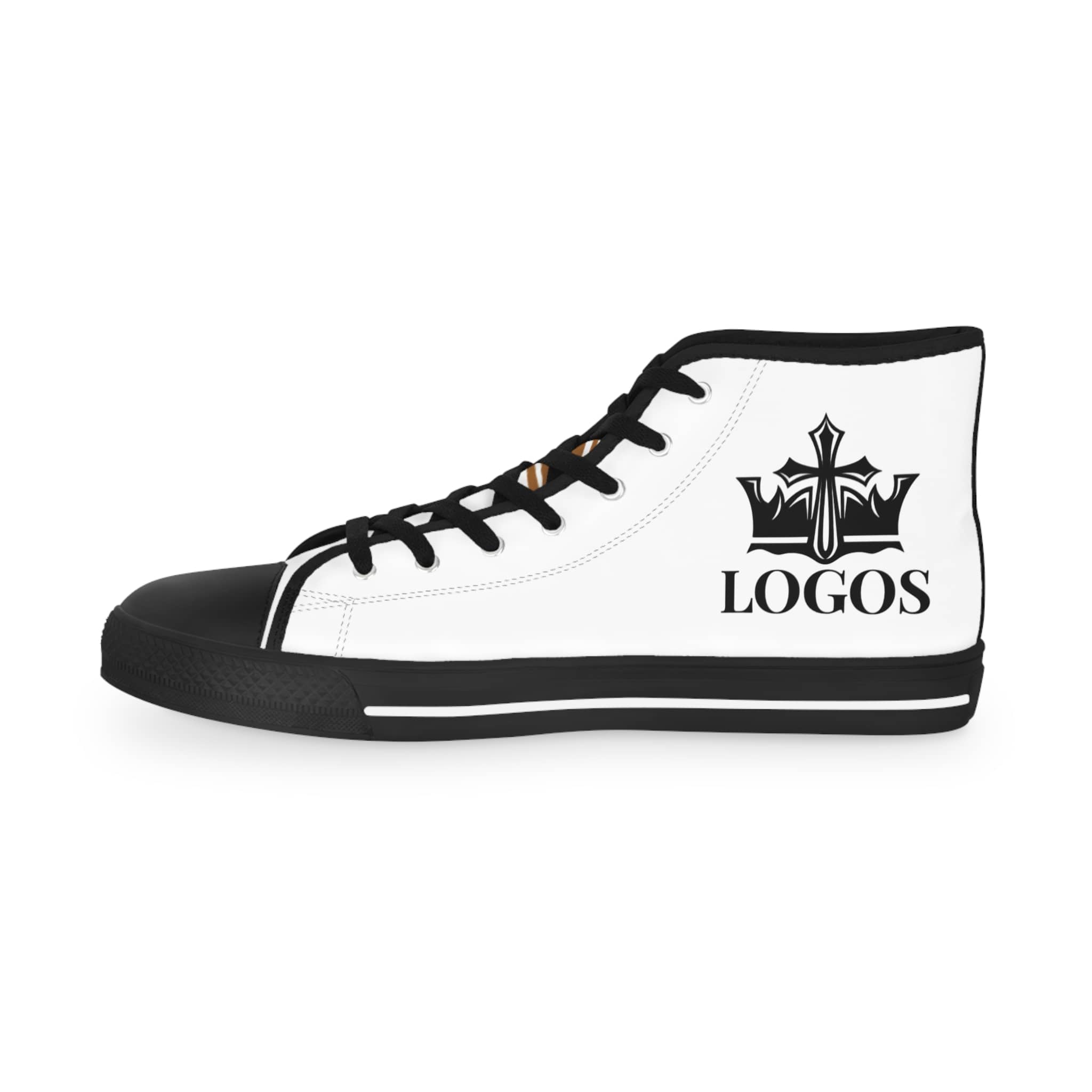 White high-top sneakers with black accents and logos featuring scripture design sneakers