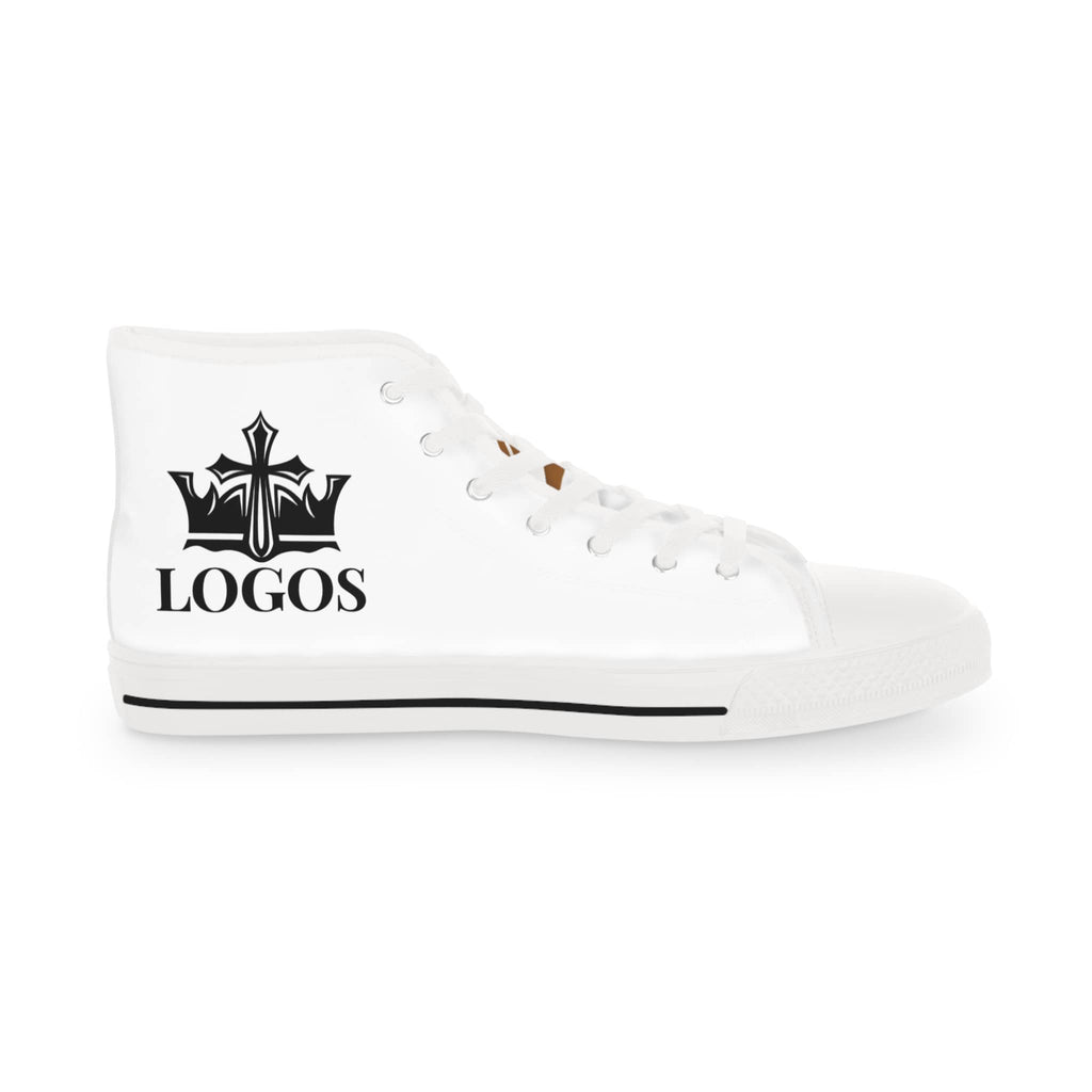 White high-top sneakers featuring a Scripture design with a crown and the word LOGOS
