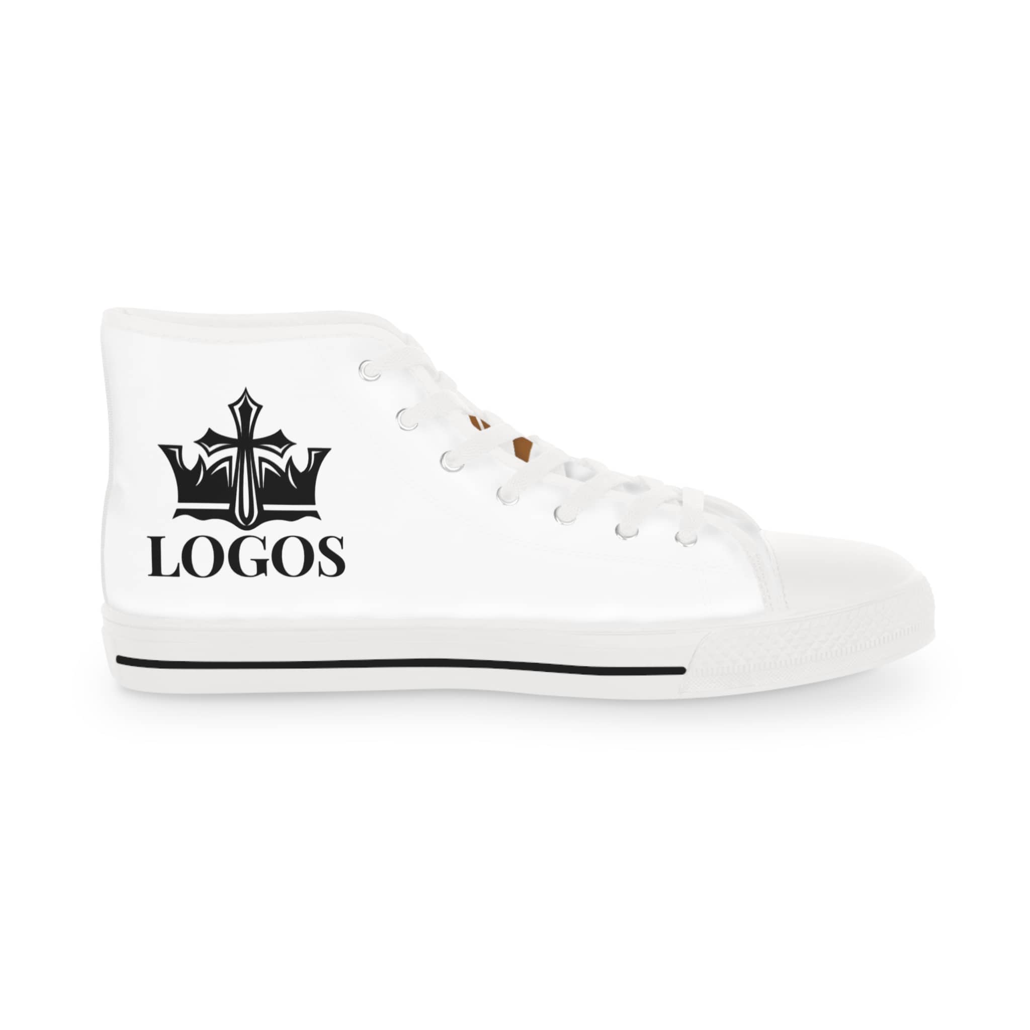 White high-top sneakers featuring a Scripture design with a crown and the word LOGOS