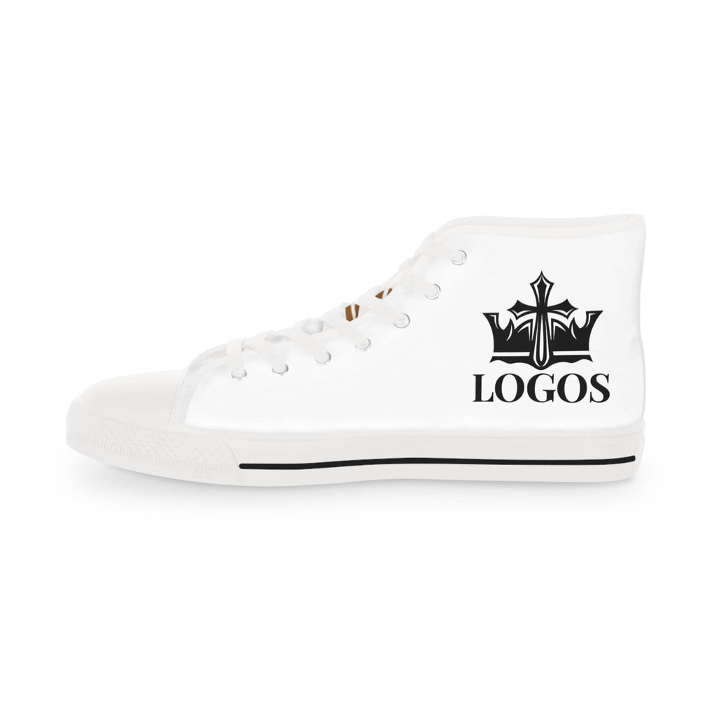 White high-top sneakers featuring a stylish logo and scripture design sneakers for casual wear