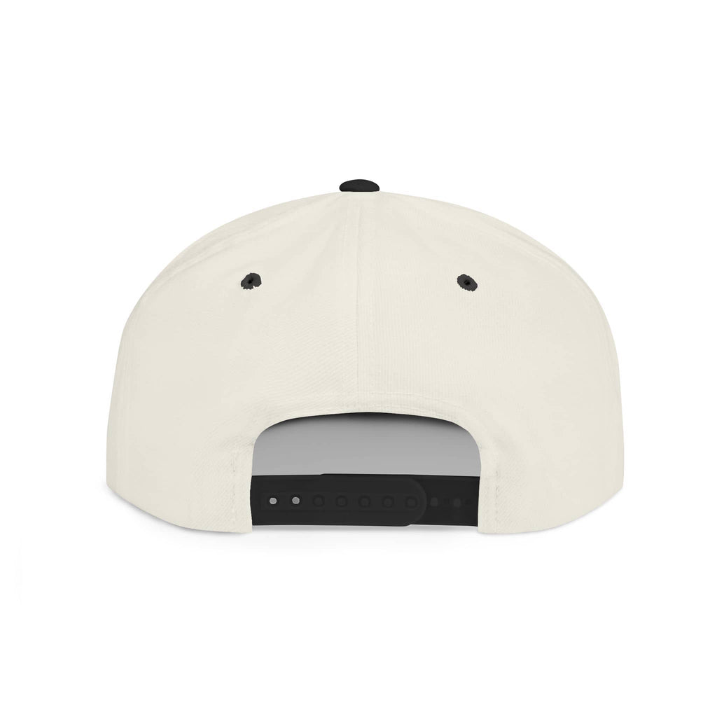 Back view of a Scripture inspired snapback hat with adjustable strap and ventilation holes