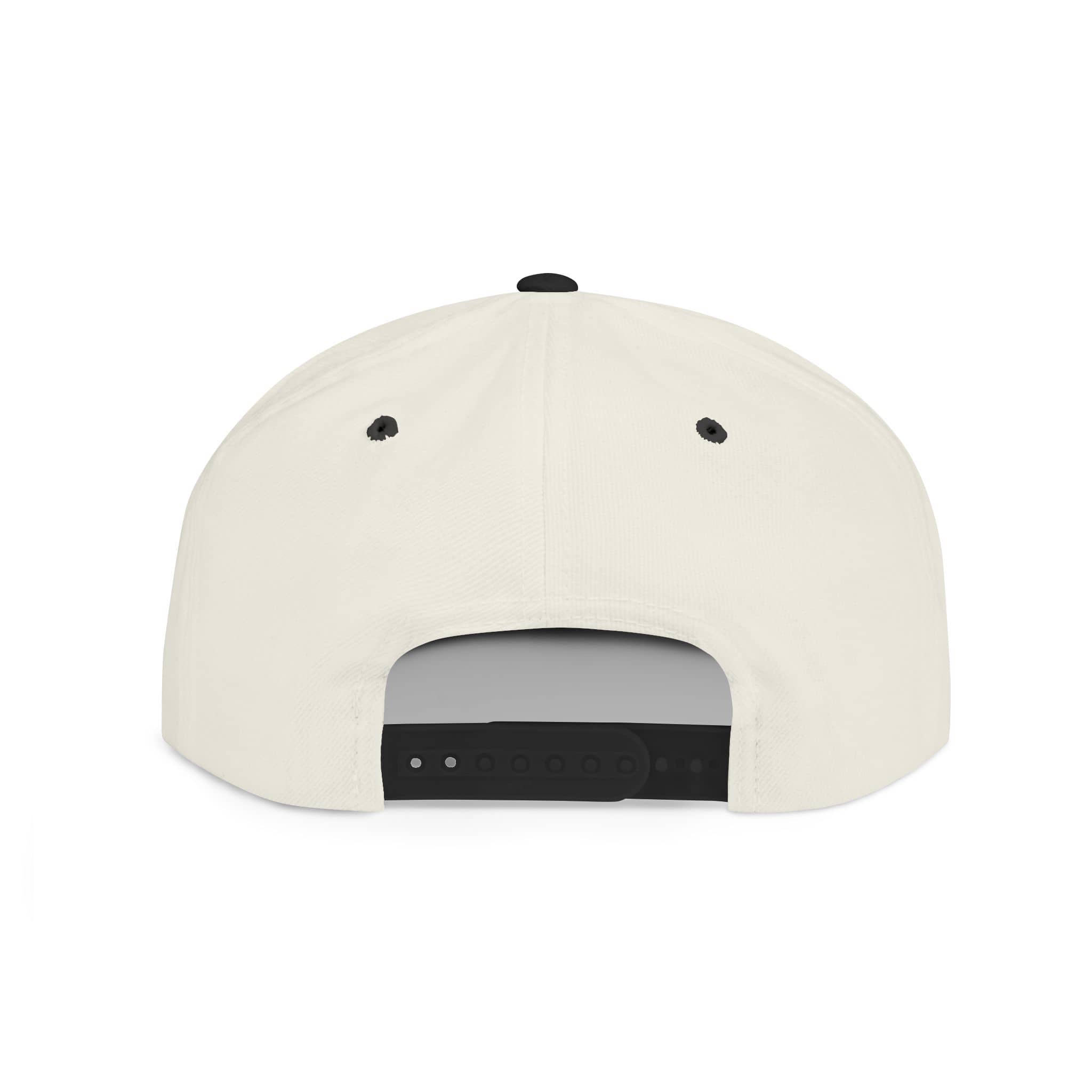 Back view of a Scripture inspired snapback hat with adjustable strap and ventilation holes