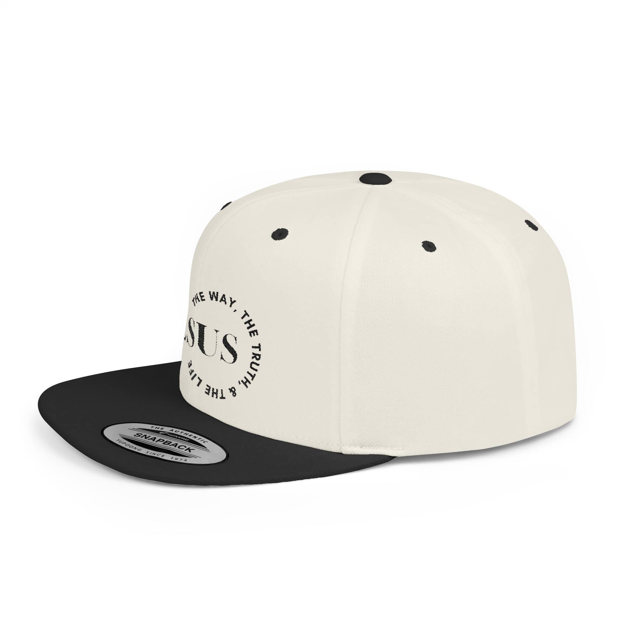Scripture inspired snapback hat with black brim and inspirational text design