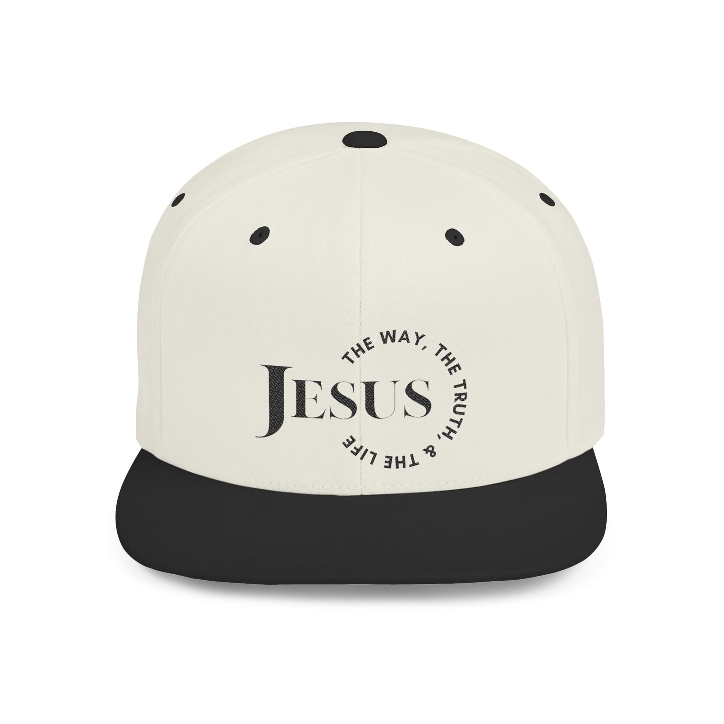 Scripture inspired snapback hat featuring 'Jesus The Way The Truth The Life' design in neutral colors.