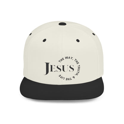 Scripture inspired snapback hat featuring 'Jesus The Way The Truth The Life' design in neutral colors.