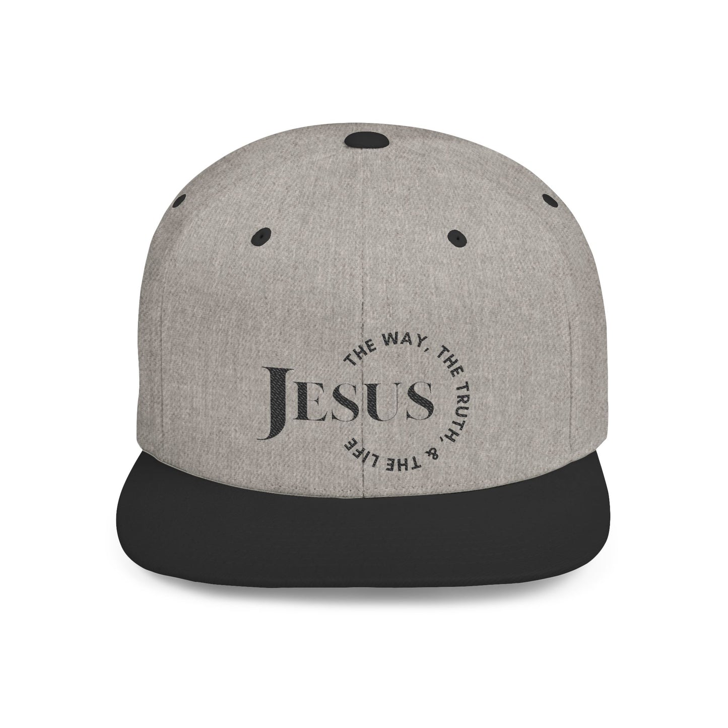 Scripture inspired snapback cap with the text Jesus and a round design on the front