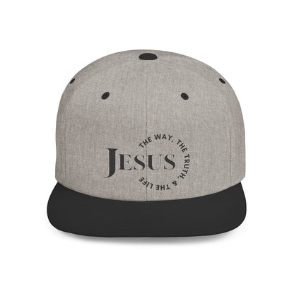 Scripture inspired snapback cap with the text Jesus and a round design on the front