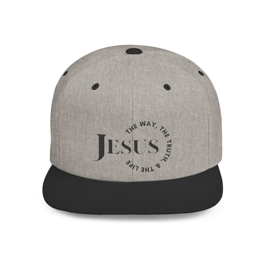 Scripture inspired snapback cap with the text Jesus and a round design on the front