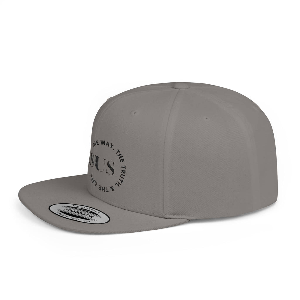 Gray Scripture inspired snapback hat featuring a bold design with spiritual symbols