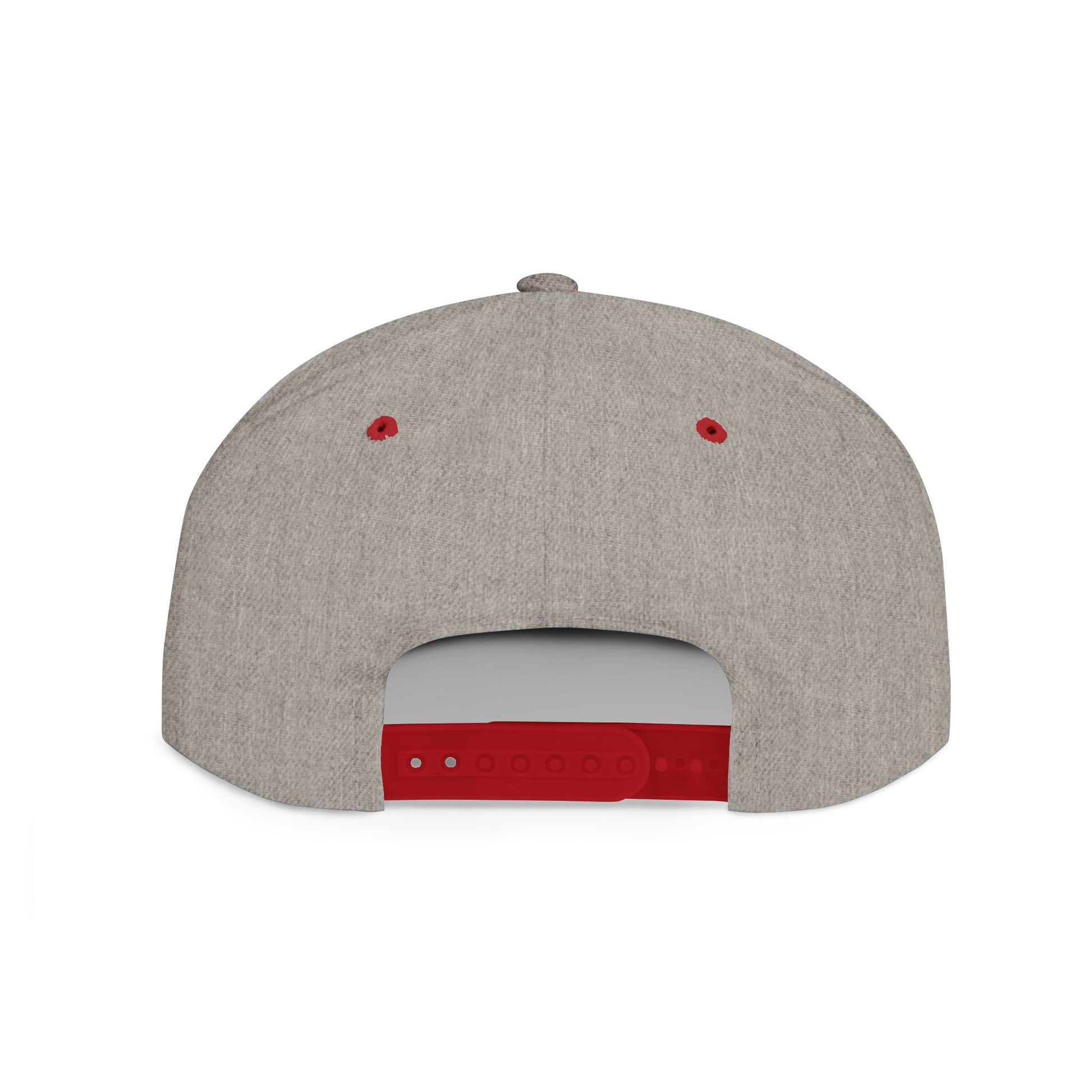 Back view of a gray Scripture inspired snapback hat with a red adjustable strap