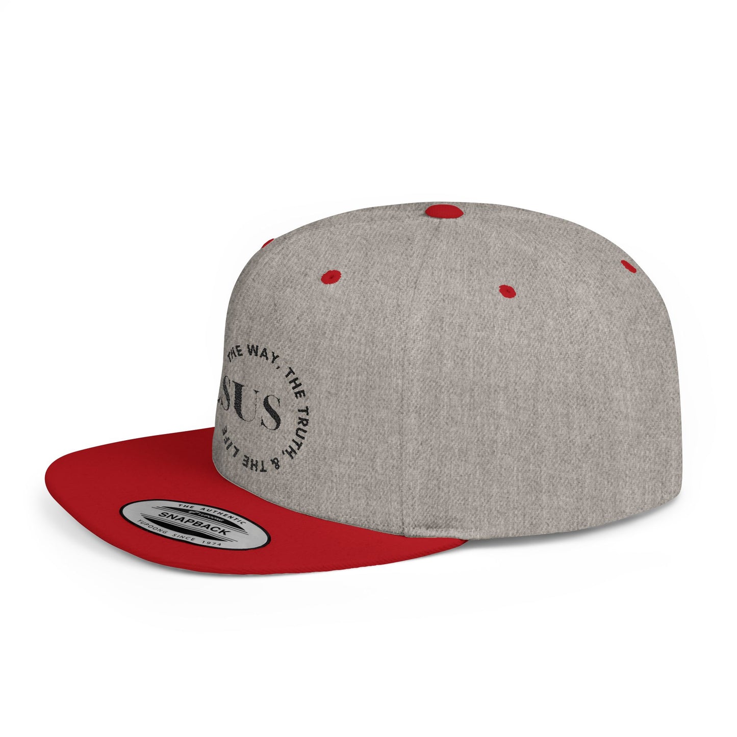 Gray and red scripture inspired snapback hat with motivational text on the front panel