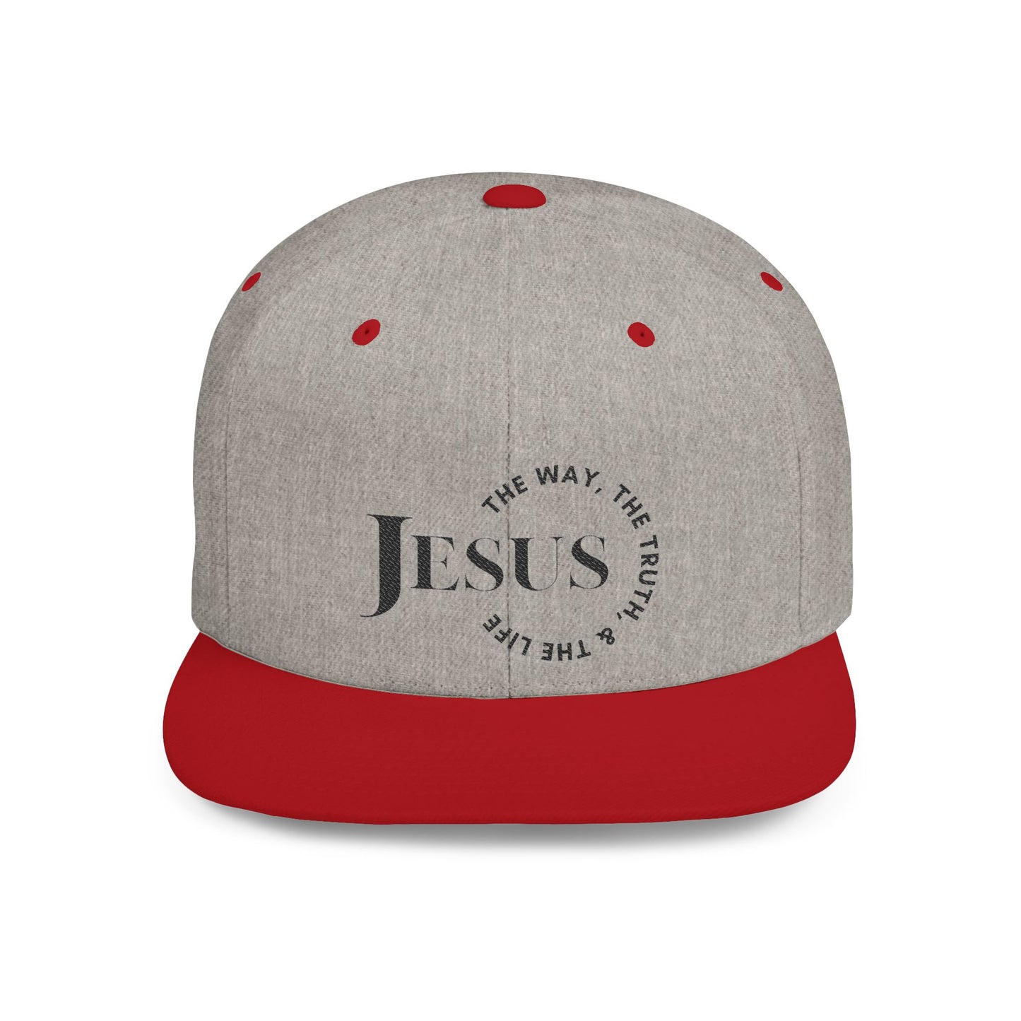 Scripture inspired snapback hat with Jesus design in gray and red colors