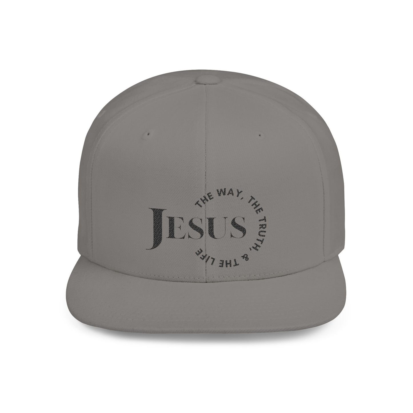 Gray Scripture inspired snapback hat with the text Jesus: The Way, The Truth, and The Life