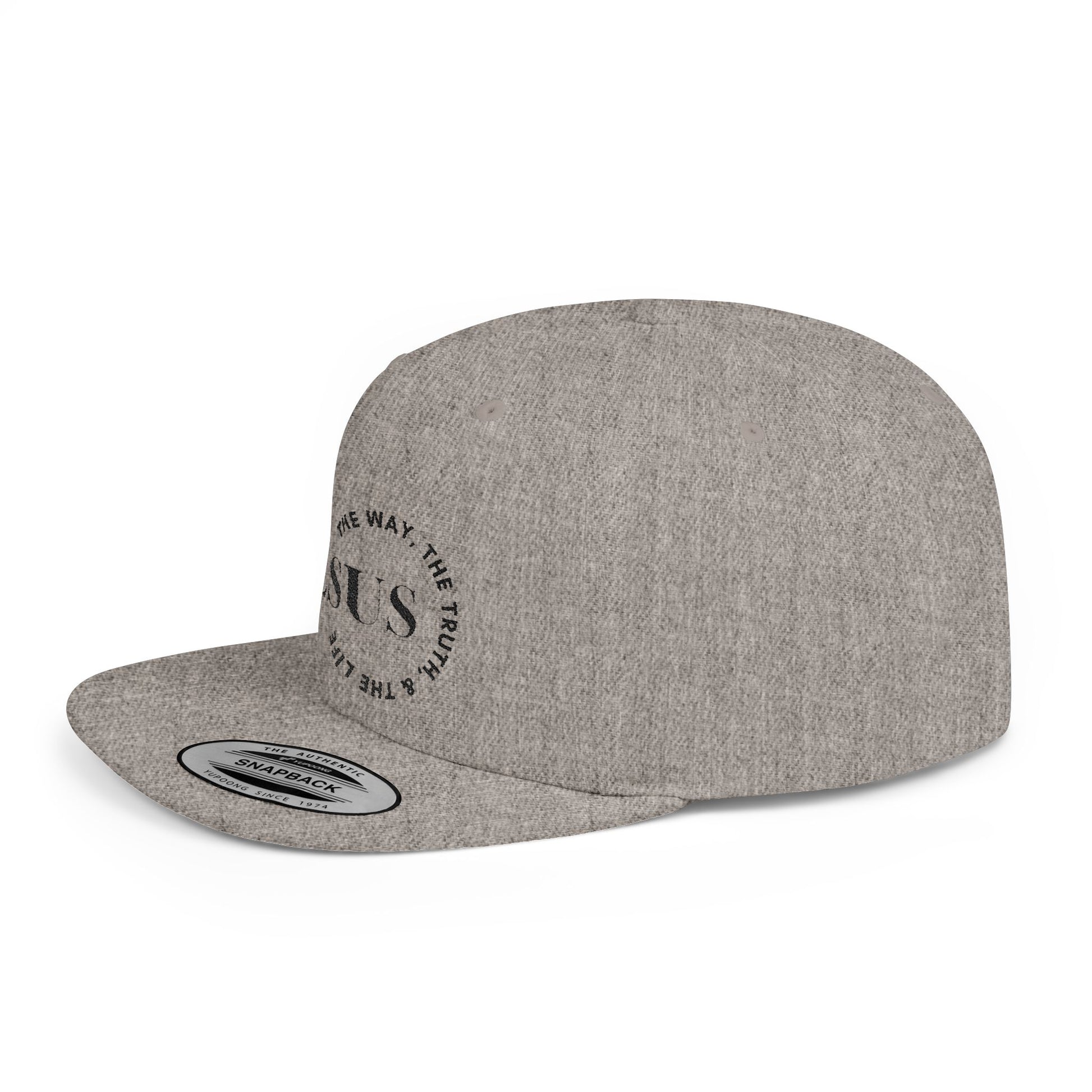 Gray Scripture inspired snapback hat with inspirational text and a flat bill design