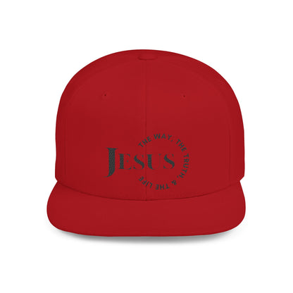 Red Scripture inspired snapback hat featuring the text Jesus The Way, The Truth, and The Life