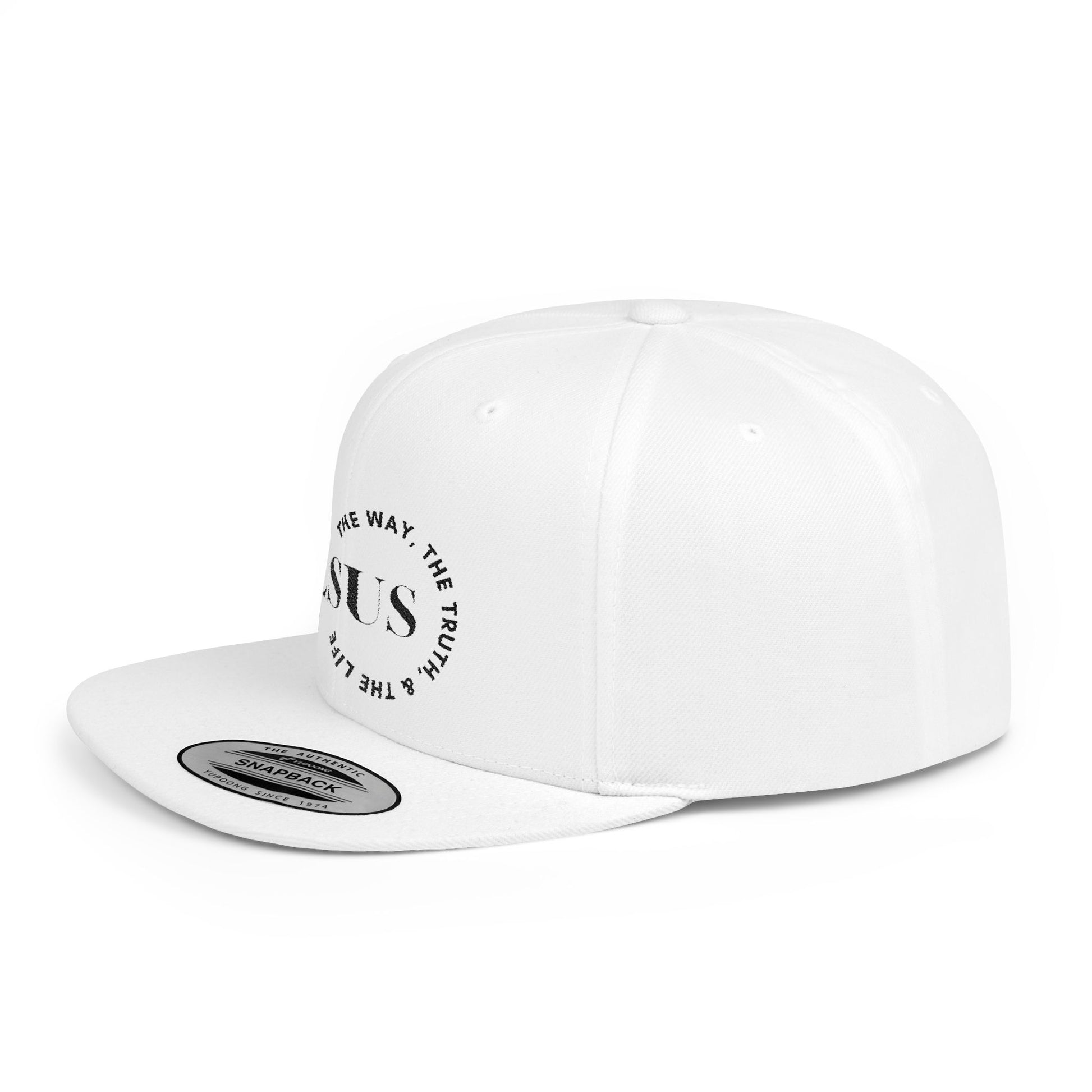 White Scripture inspired snapback hat featuring 'Jesus' and inspirational text design
