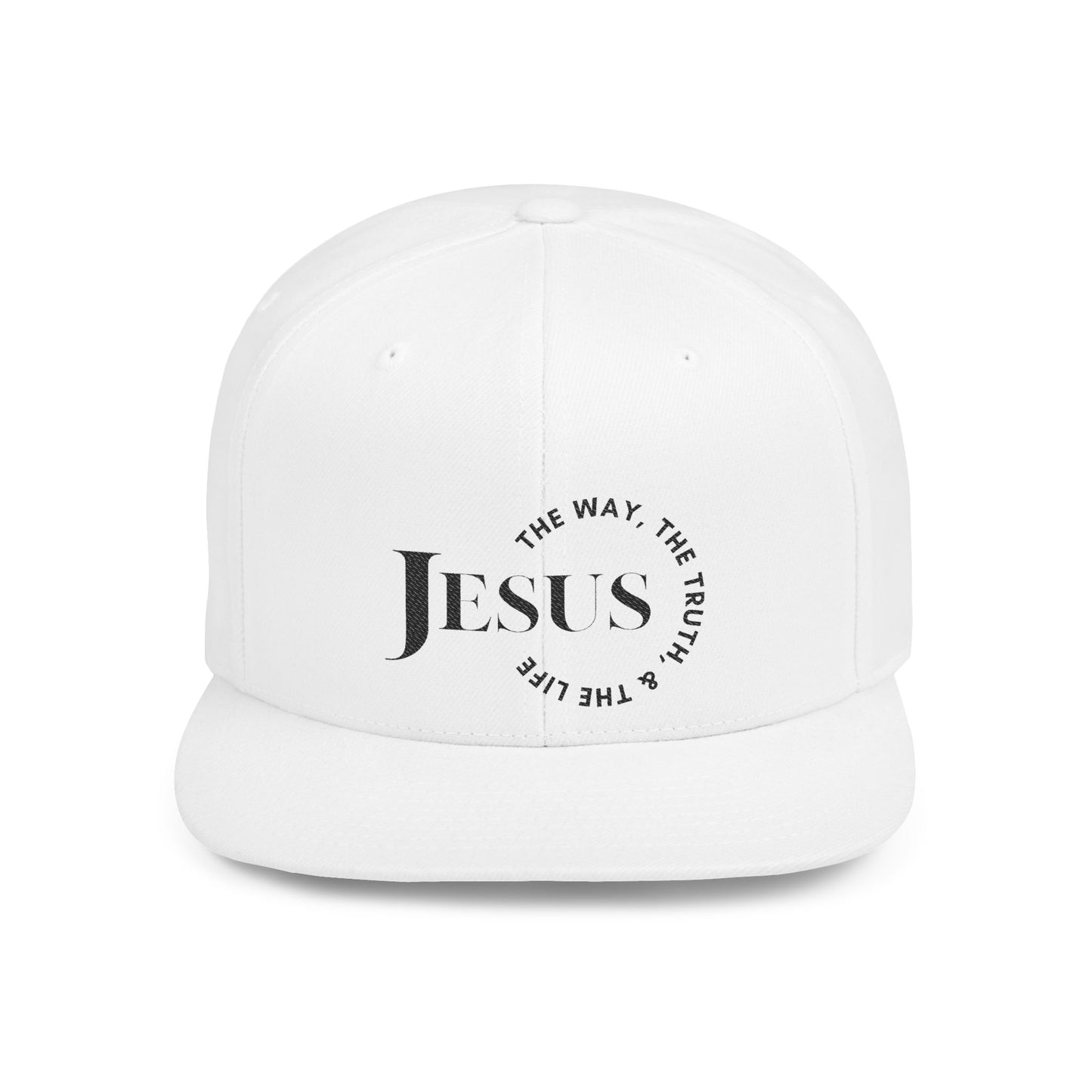 White Scripture inspired snapback hat featuring 'Jesus' and inspirational text for daily motivation