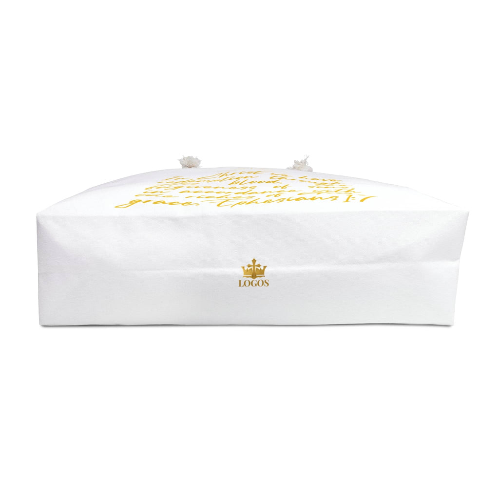Scripture inspired travel bag in white with elegant golden lettering for meaningful journeys