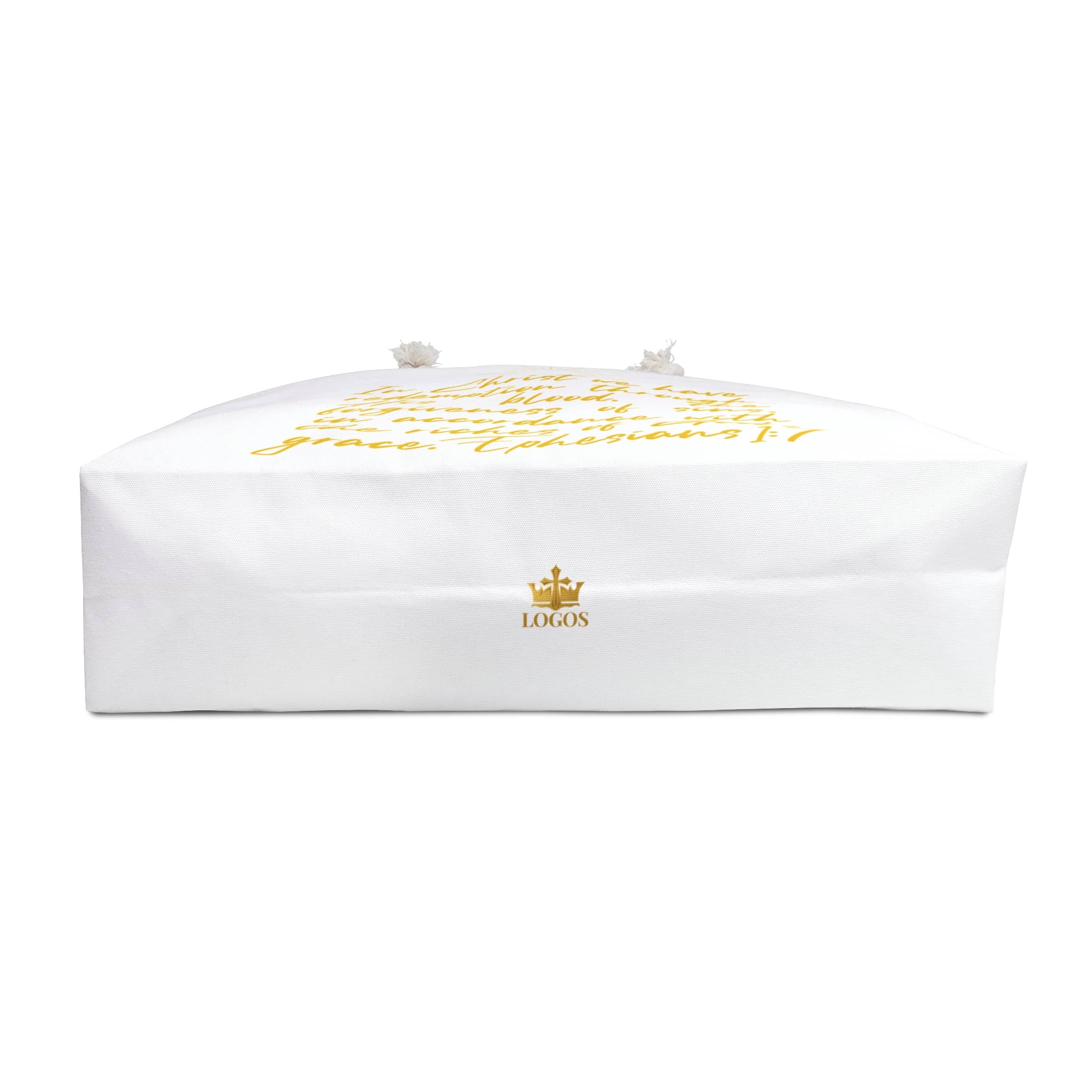 Scripture inspired travel bag in white with elegant golden lettering for meaningful journeys