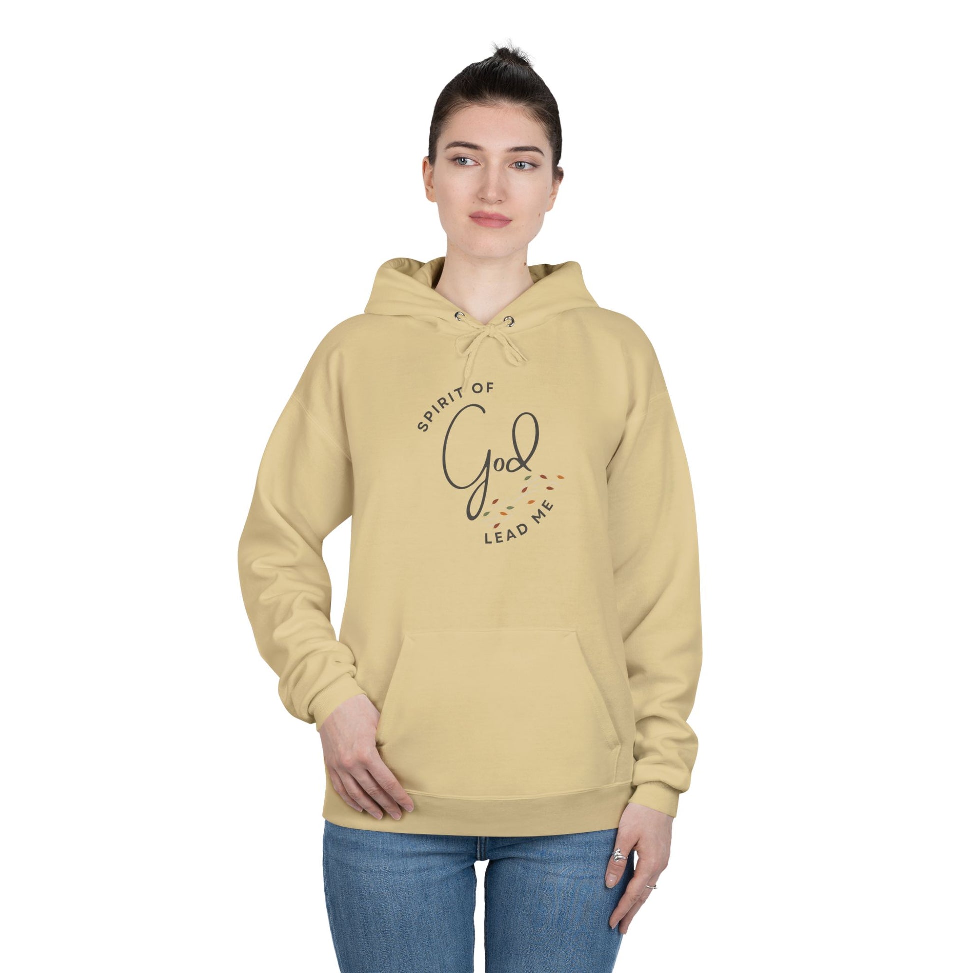 Beige Spirit Lead Me hoodie with front pocket and spiritual text design worn by woman
