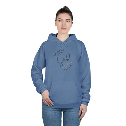 Blue Spirit Lead Me hoodie with Spirit of God Lead me script design worn by woman with hands in pocket