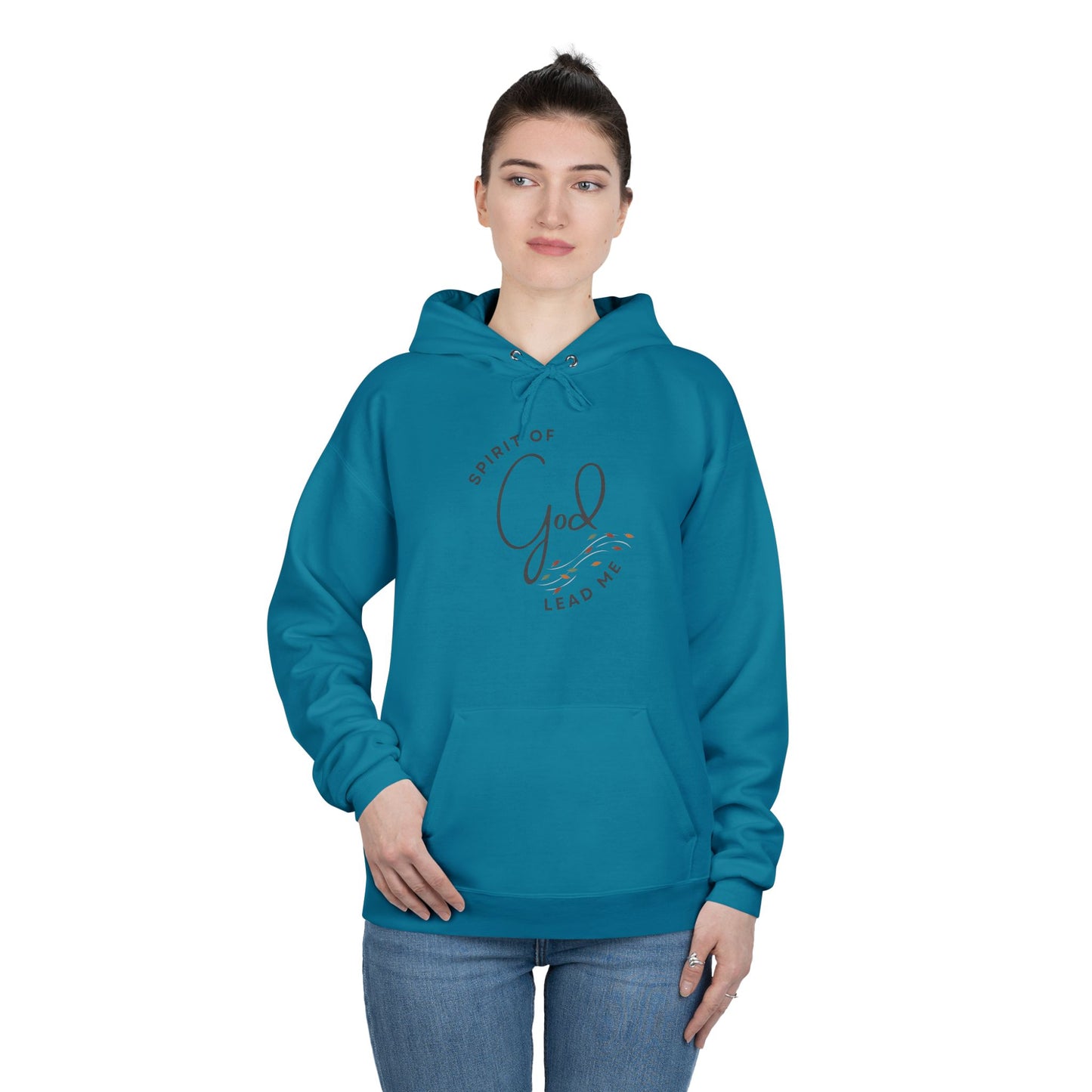 Logos Co. Spirit Lead Me hoodie in teal worn by woman with front pocket and drawstring hood