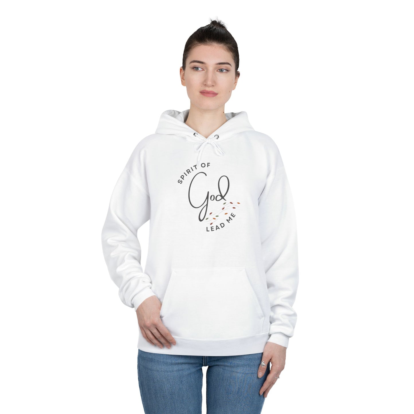 White Spirit Lead Me hoodie with God-inspired text design worn by woman in blue jeans