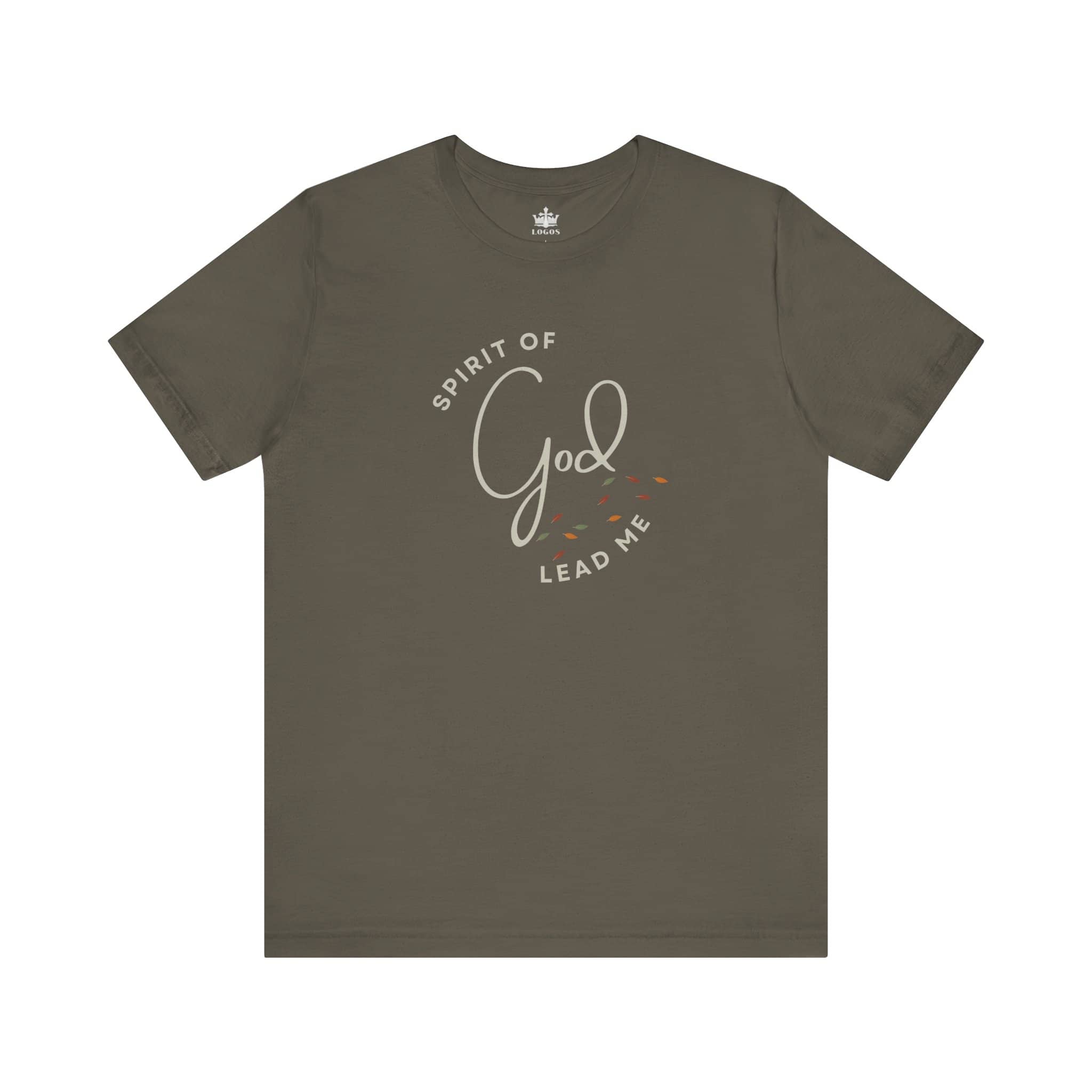 Logos army green Spirit Lead Me shirt with circular God script design on front