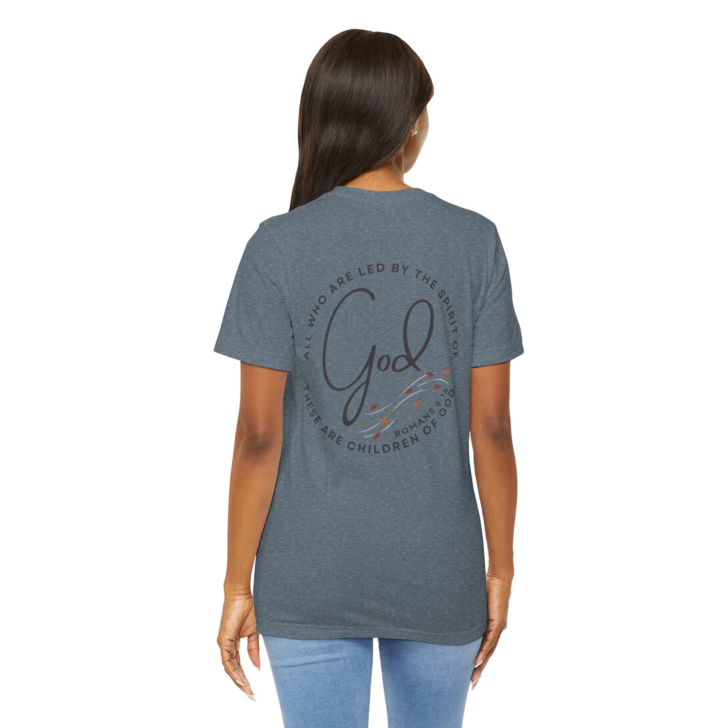 Back view of woman wearing blue Spirit Lead Me shirt with religious text and design from Logos