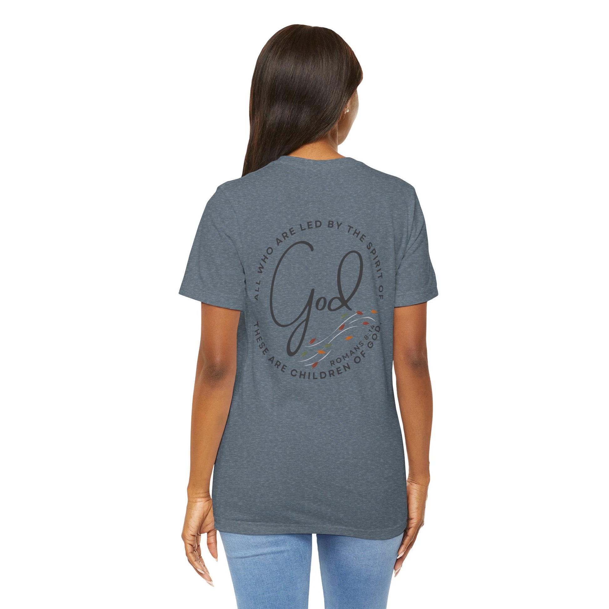 Back view of woman wearing blue Spirit Lead Me shirt with religious text and design from Logos