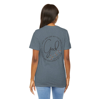 Back view of woman wearing blue Spirit Lead Me shirt with religious text and design from Logos