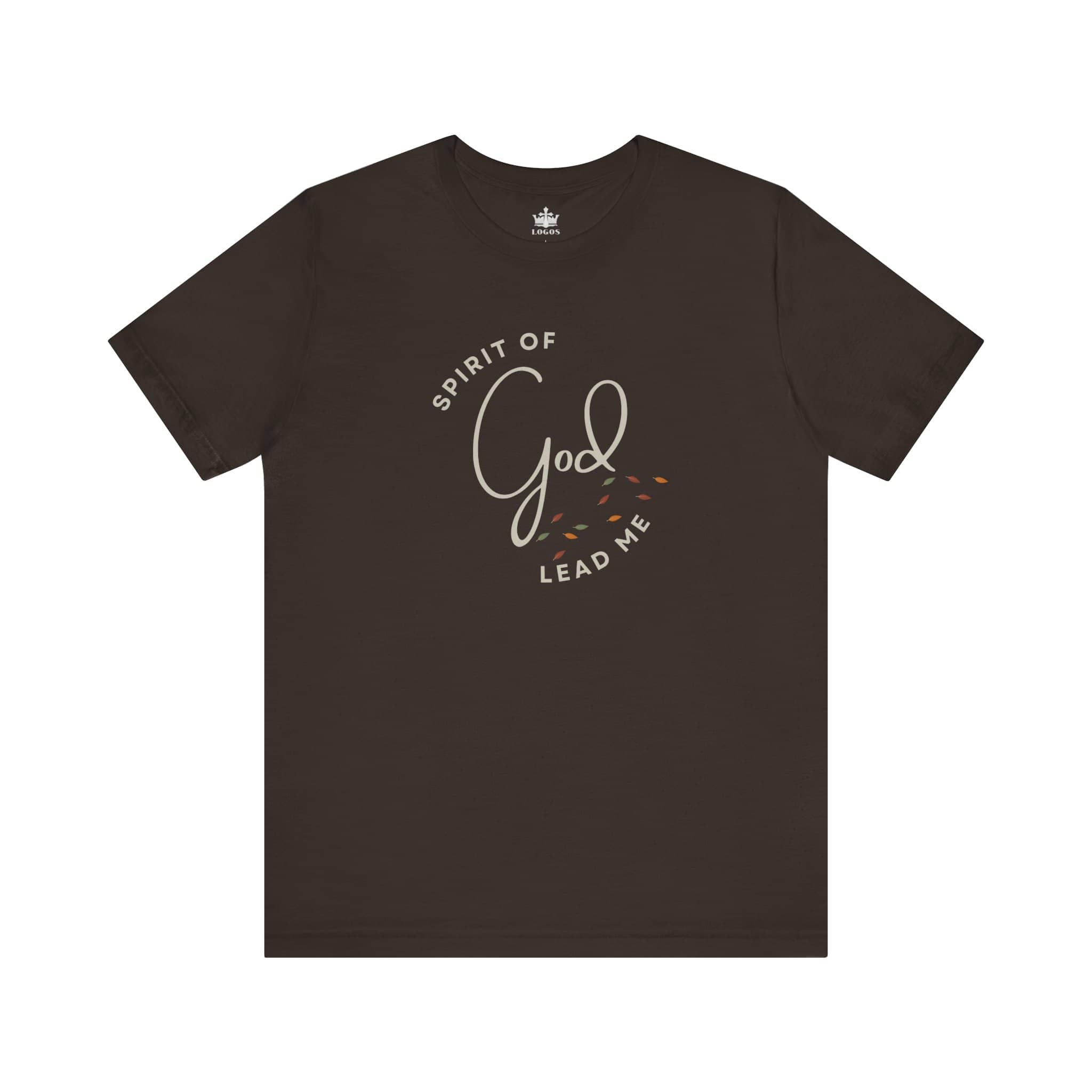 Brown Spirit Lead Me shirt with Spirit of God text and leaf design by Logos