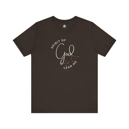 Brown Spirit Lead Me shirt with Spirit of God text and leaf design by Logos