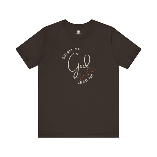 Brown Spirit Lead Me shirt with Spirit of God text and leaf design by Logos