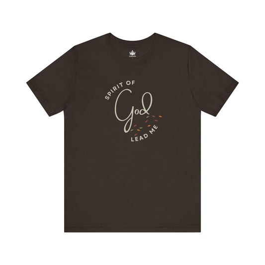 Brown Spirit Lead Me shirt with Spirit of God text and leaf design by Logos