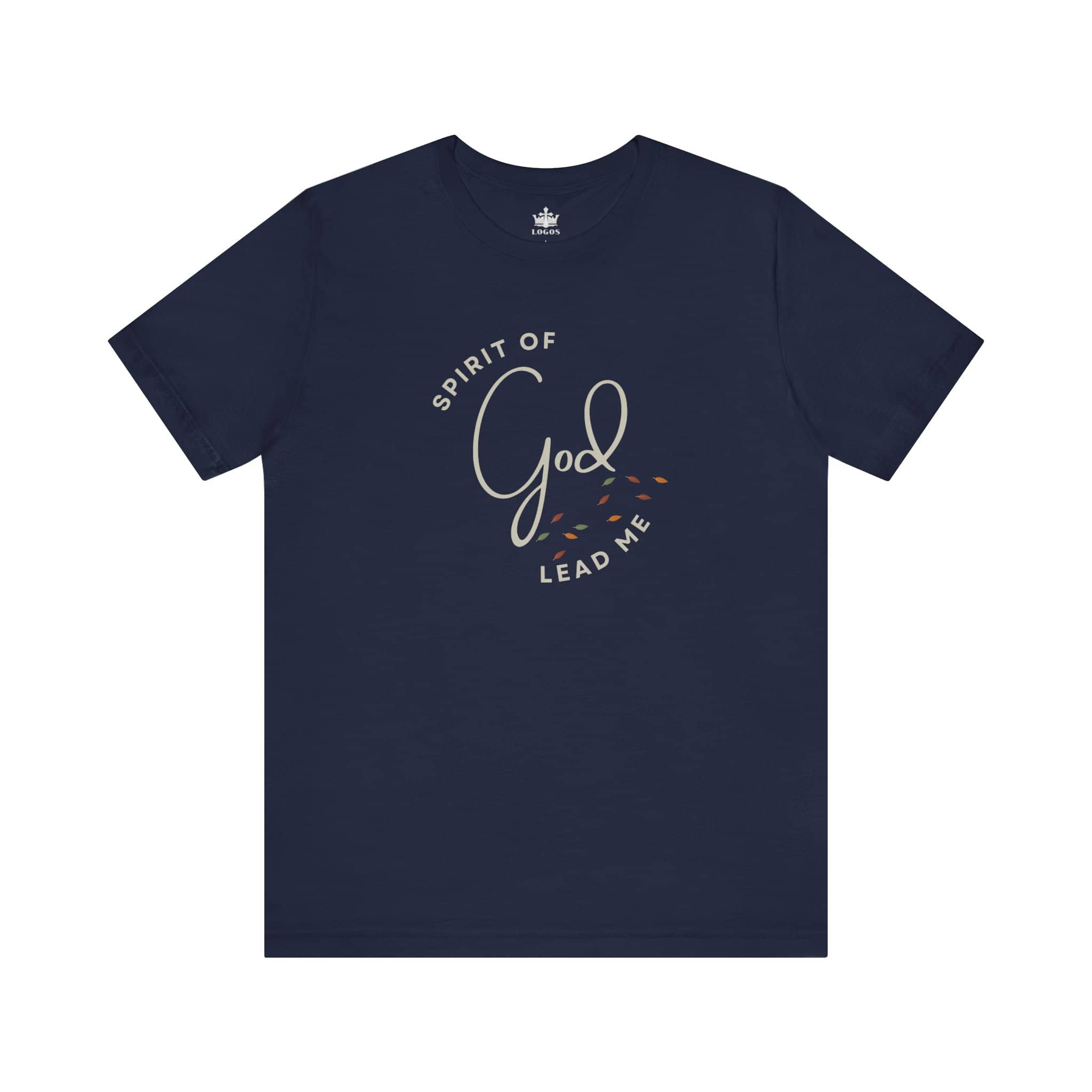 Navy Spirit Lead Me shirt with Spirit of God text and leaf design by Logos
