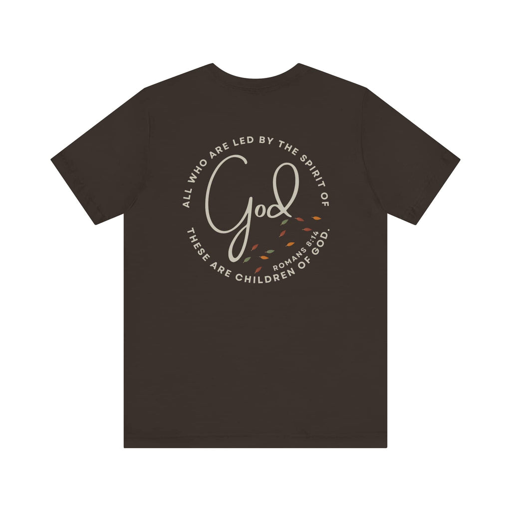 Logos Spirit Lead Me shirt with inspirational God quote and autumn leaf design on dark fabric